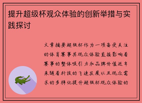 提升超级杯观众体验的创新举措与实践探讨