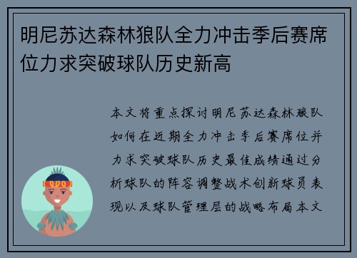 明尼苏达森林狼队全力冲击季后赛席位力求突破球队历史新高 明尼苏达森林狼队全力冲击季后赛席位力求突破球队历史新高